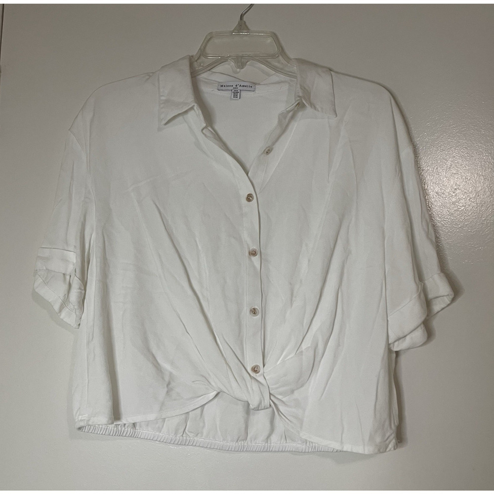 Anthropologie Maison D'amelie white button front short sleeve twist top Medium